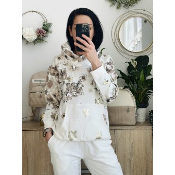 Megi kapucnis pulcsi, bézs-barna virágos