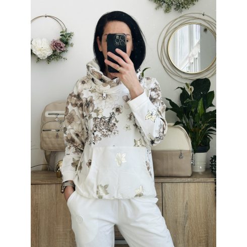 Megi kapucnis pulcsi, bézs-barna virágos