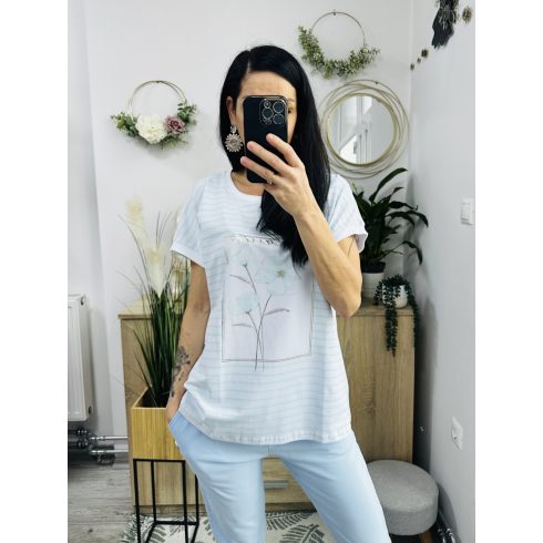 Classic csíkos virág nyomatos felső, türkiz