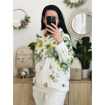 Megi kapucnis pulcsi, zöld virágos