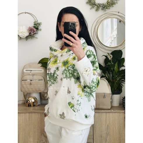 Megi kapucnis pulcsi, zöld virágos