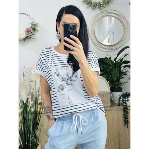 Classic csíkos virág nyomatos felső, kék